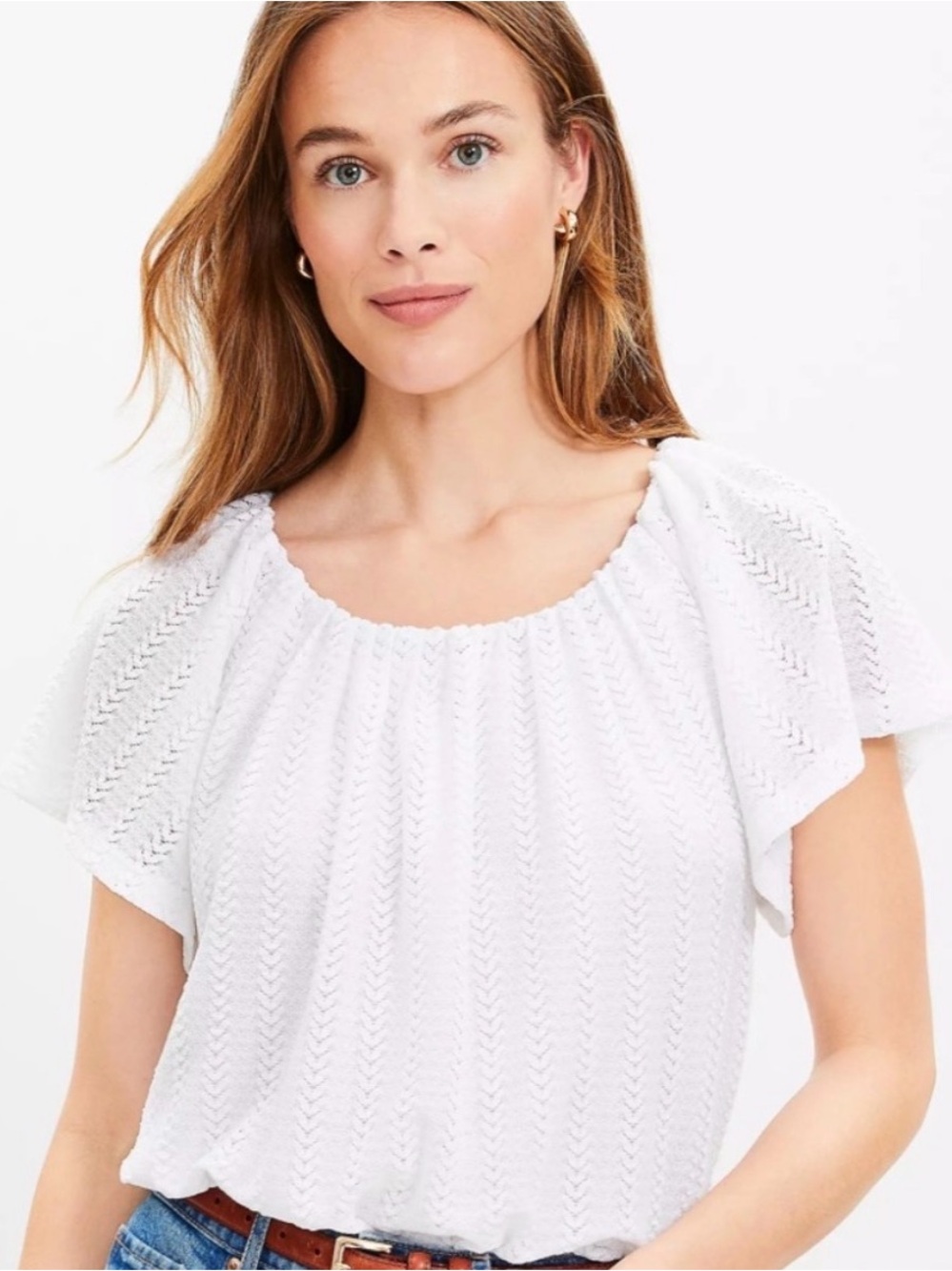 LOFT White Textured Flutter-Sleeve Top